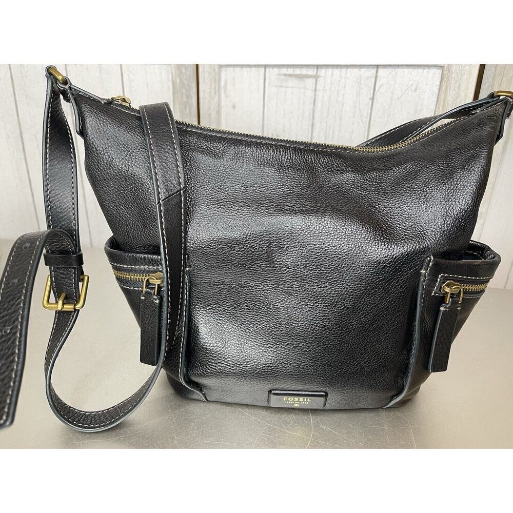 FOSSIL Emerson Black Leather Small Hobo Crossbody Bag Pebble Leather